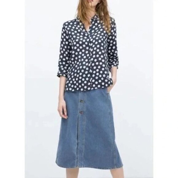 ZARA Blue White Linen Polka  Dot Button Down Long Sleeve Shirt size XS - Picture 3 of 8